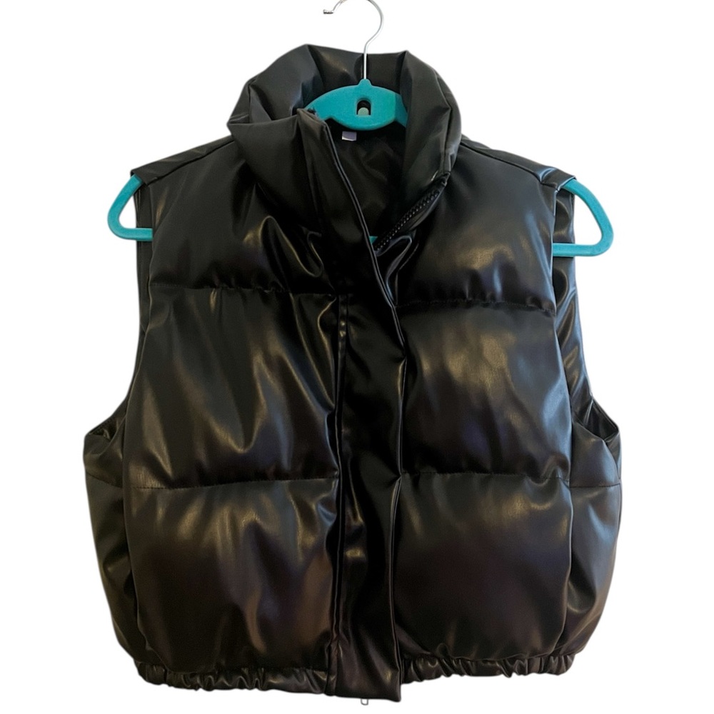 Women’s Black Faux Leather Puffer Vest - Picture 2 of 6